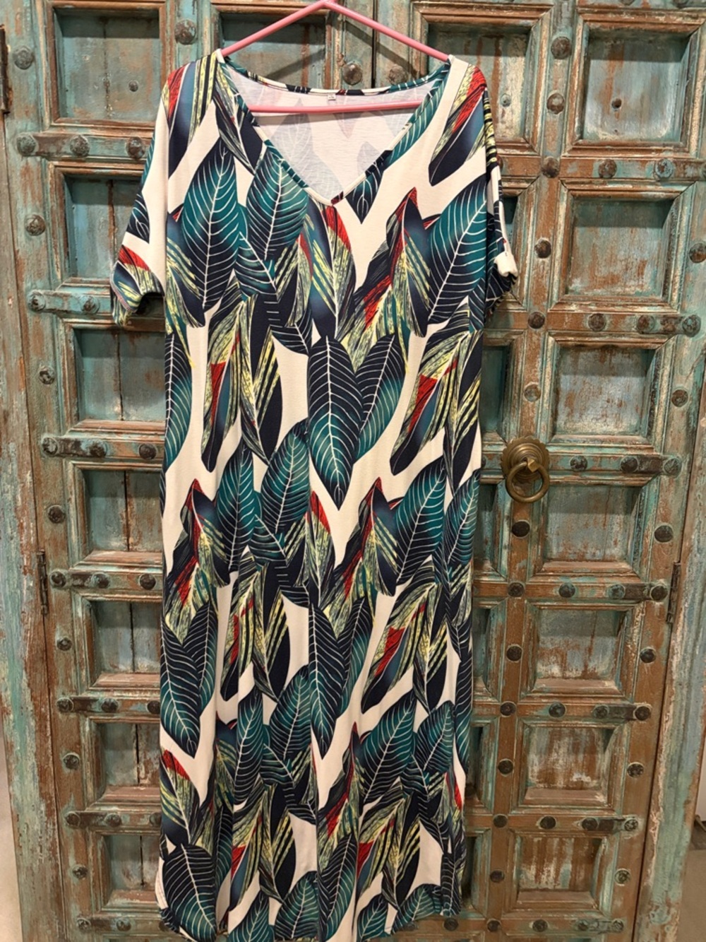 Tropical Leaf V-Neck Maxi Dress - cream